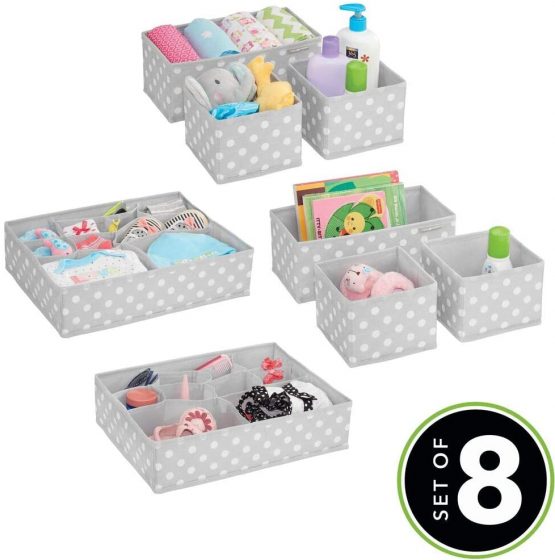 mDesign Soft Fabric Dresser Drawer and Closet Storage Organizer Set for Child/Baby Room or Nursery – 8 Organizing Bins - Polka Dot Pattern, Set of 8, Light Gray with White Dots - Image 2