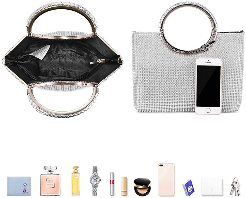 BAIGIO Women Evening Clutch Bags Fashion Rhinestone Encrusted Top Handle Clutch Prom Wedding Evening Bag Ladies Handbag for Party Wedding Prom (Silver) - Image 3