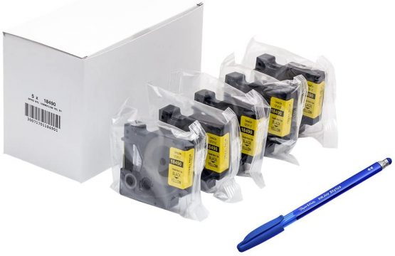 5 x Dymo 18490 Rhino Industrial Labels Flexible Nylon 12 mm x 3.5 m - Black on Yellow + PaperMate Pen Gift - Image 2
