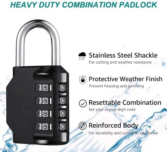 Combination Padlock Heavy Duty Locks - BeskooHome 4-Digit Weatherproof Combination Lock Resettable Combination Padlock Outdoor for Gym, School, Hasp, Outdoor Shed, Storage, Cabinet, Toolbox - 3 Pack - Image 2