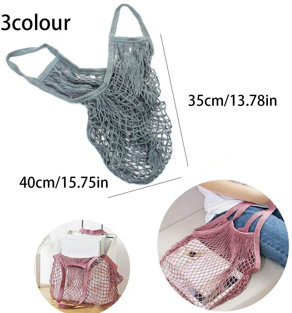 Pveath 3 Pack Grocery Mesh Bags Portable/Reusable/Washable Organic Cotton String Shopping Bags Produce Net Tote Bags with Short Handle Shopping Handbag for Fruit Vegetable Storage (Purple Beige) - Image 4