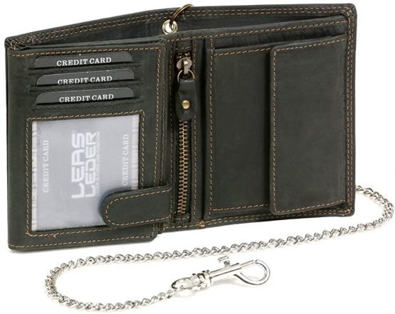LEAS MCL Mens Wallet with Chrome Chain Biker Wallet Vertical Format Vintage-Style RFID Protection, Genuine Leather, Black - ''LEAS Chain-Series''