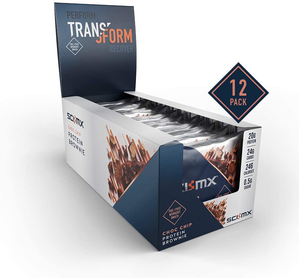 SCI-MX High Protein Chocolate Chip Brownie Box, 20g protein, 0.5g sugar + 246 calories per brownie, Pack of 12 x 65 g