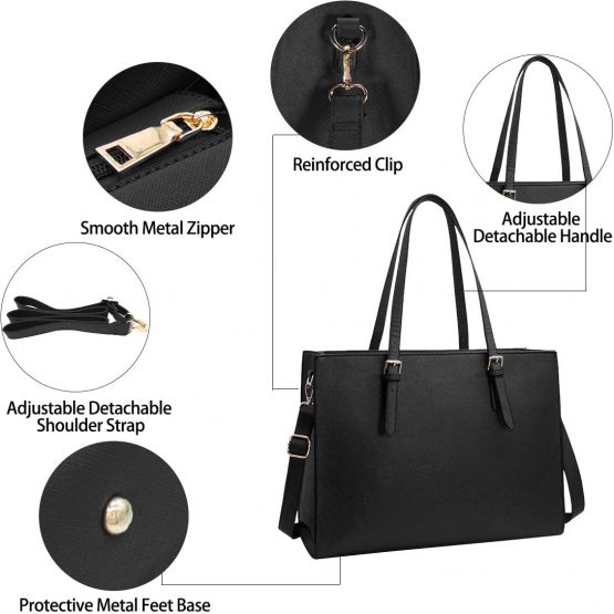 Laptop Bags for Women 15.6 inch Large Leather Tote Bag Ladies Laptop Handbag Computer School Shoulder Bag Business Work Bag Black - Image 4