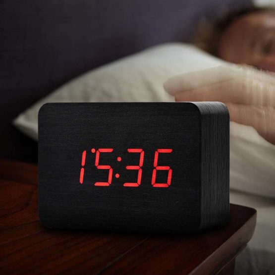 Eboxer Wooden Digital Alarm Clock, Small LED Digital Alarm Clock with Time/Date/Temperature, Sound Control for Kids (Boy and Girl), Home, Office, Cuboid(Black) - Image 3