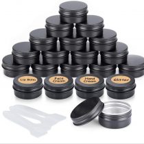 20pcs Empty Cosmetics Container Pots Aluminium Tin Jars with Screw Lids, Labels and Mini Spatula for Cream, Sample, Powder, Makeup Storage (20ml, Black)