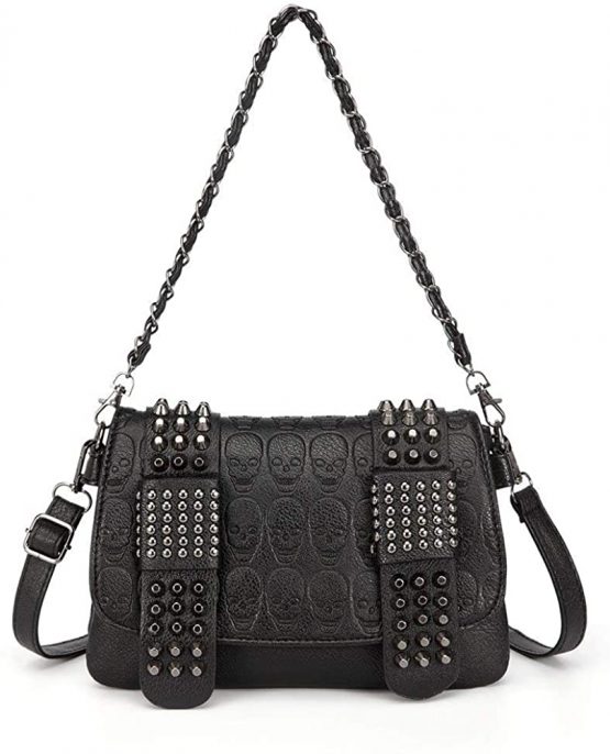 Chikencall Womens Punk Skull Print Crossbody Bag PU Leather Gothic Skull Shoulder Bag Purse with Chain
