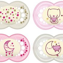MAM Original Night Dummy / Skin Soft Silicone / Girl Pearl Exotic / Dummy 6-16 / Set of 4 / Includes 2 Sterilised Transport Boxes