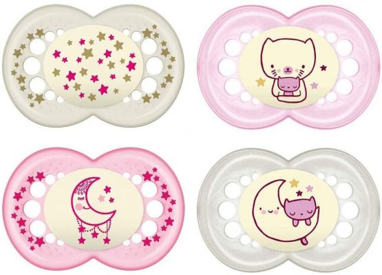 MAM Original Night Dummy / Skin Soft Silicone / Girl Pearl Exotic / Dummy 6-16 / Set of 4 / Includes 2 Sterilised Transport Boxes