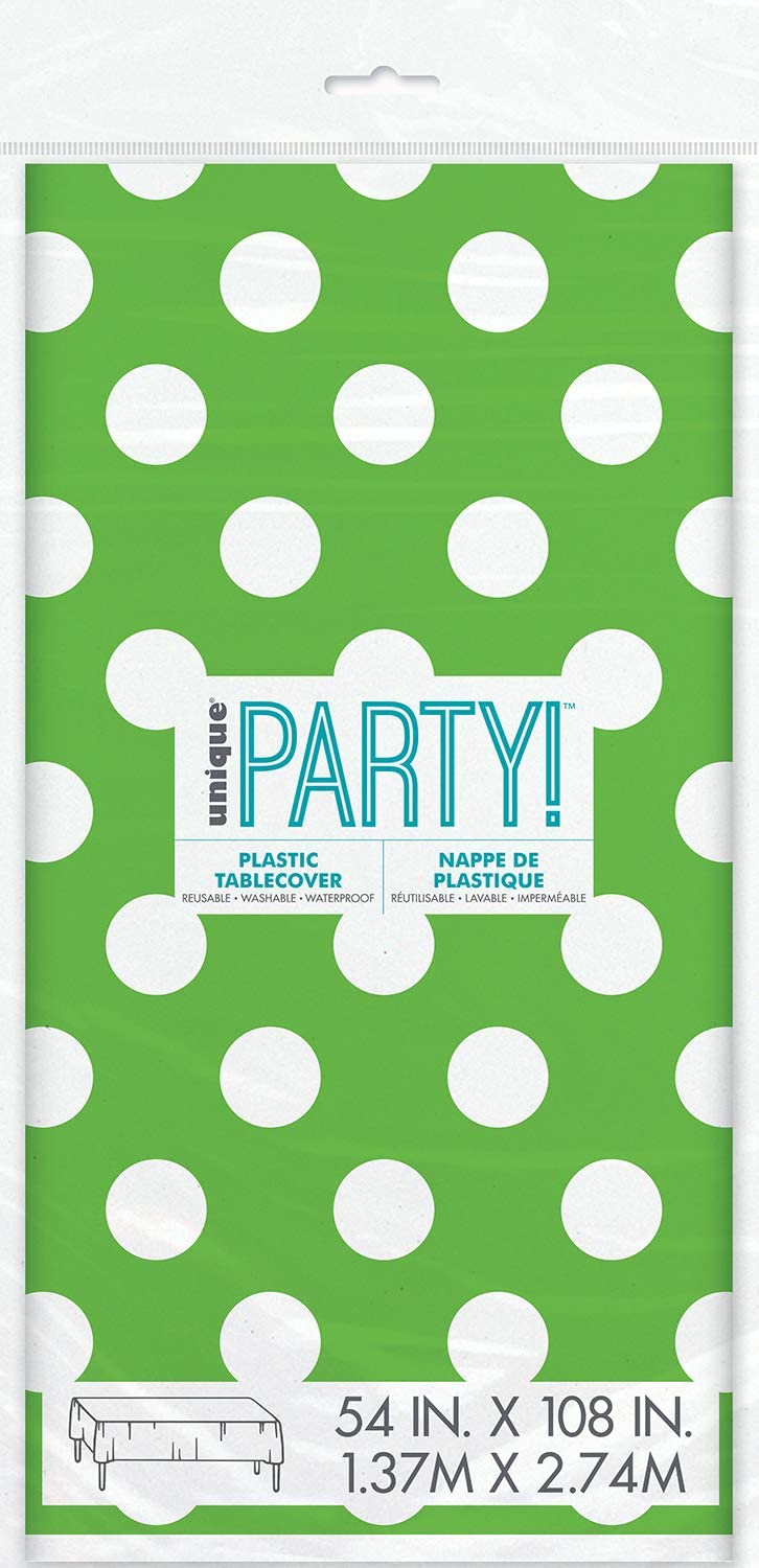 Unique Party 50261 - Plastic Lime Green Polka Dot Tablecloth, 9ft x 4.5ft, 107.9 x 53.9 inch (Rectangular)