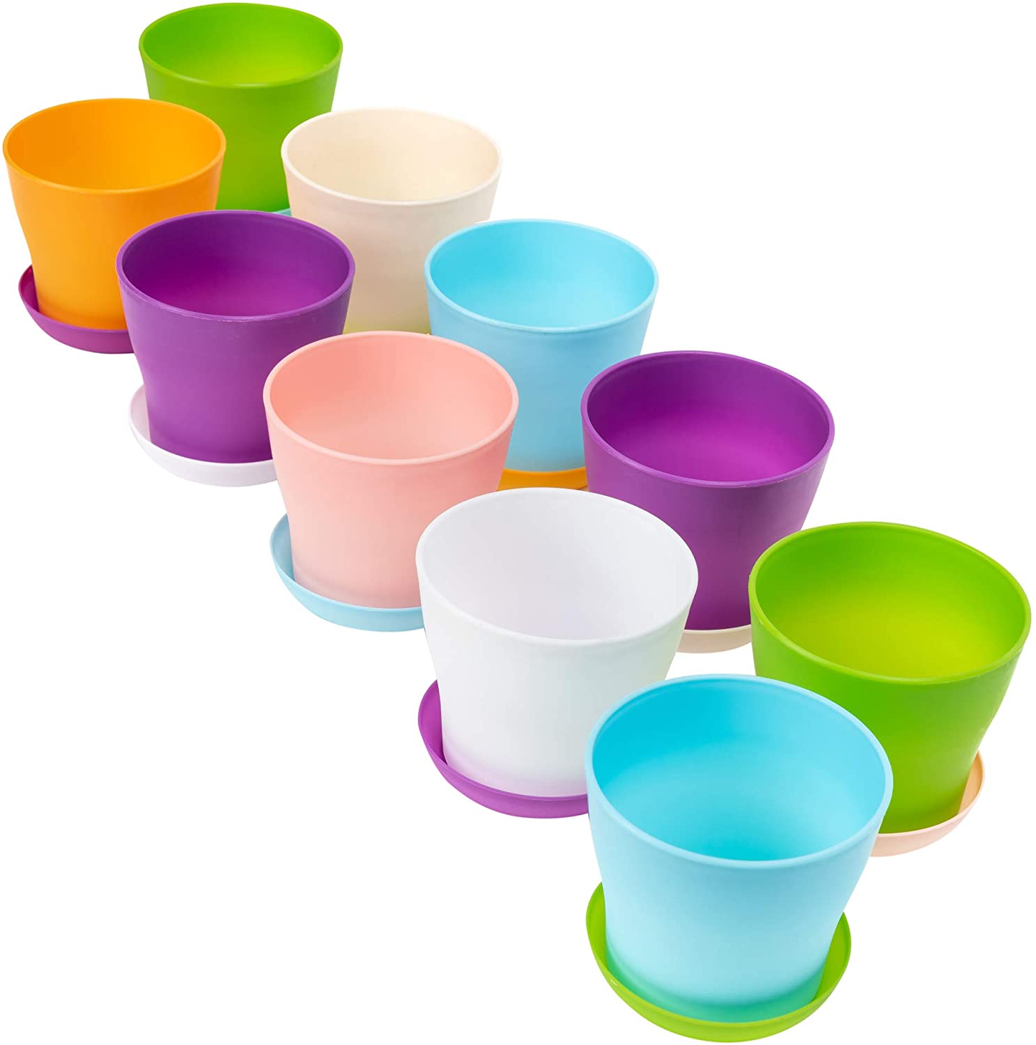Garden Mania - 10 Plastic Pastel 10cm/4" Flower Pots with Drain Holes & Drip Trays, Assorted