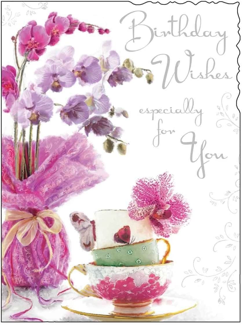 Jonny Javelin Birthday Card for Her - General Card for Women - Special Finishes - Orchid Flower and Teacups - Made in the UK