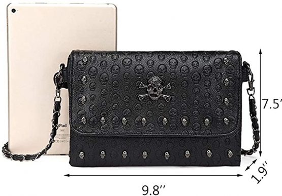 Chikencall Womens Punk Skull Print Crossbody Bag PU Leather Gothic Skull Shoulder Bag Purse with Chain - Image 2