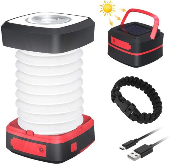 Camping Lantern, GlobaLink LED Rechargeable Camping Light, Solar/USB Powered Collapsible Tent Light with First-Aid Whistle, Camping Lamp for Outdoor Hiking Tent Garden, Emergency Charger for Phone
