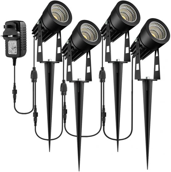 Garden Spotlights Mains Powered, B-right Upgraded 21M 68.9ft 6-in-1 Extendable to 10 Spike Lights with BS Adapter 12V Garden Lights Outdoor IP65 Waterproof for Pathway Yard Landscape (Warm White, 18W)