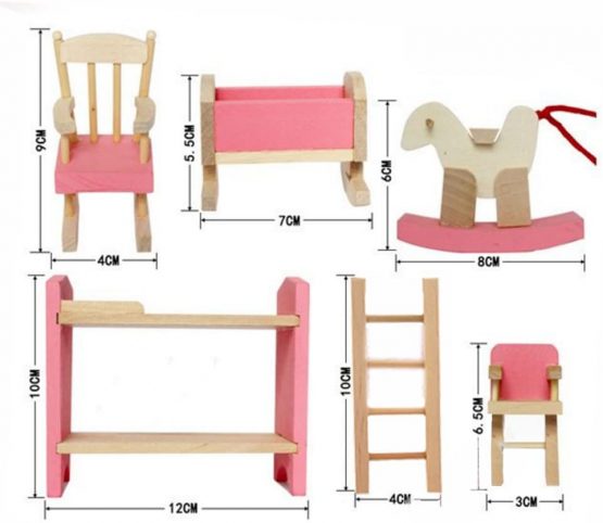 Cisixin Pink Wooden Dolls Toy Furniture Bedroom Pretend Play Toy miniature bedroom set - Image 3