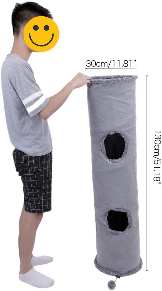 OHANA Collapsible Cat Tunnel Toy in suede, Large cat tunnels for indoor cats rabbits with 2 holes and suspended ball Dia30*130cm - Image 2