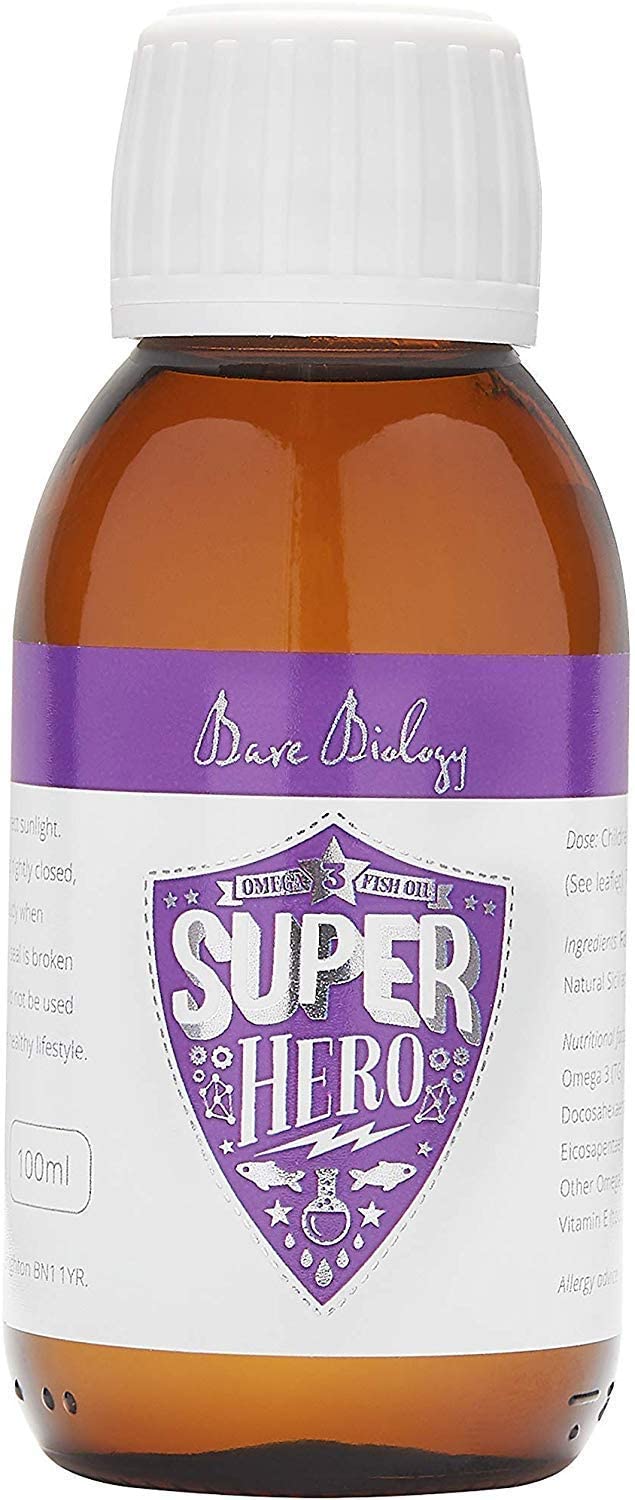 Bare Biology Omega 3 for Kids, Action Heroes Omega 3 Liquid (100ml, 20-100 Servings) Pure Fish Oil, EPA 94mg DHA 470mg