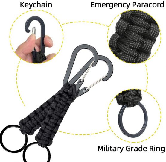 XCOZU 2 Pack Paracord Keychain, Paracord Key Chain Paracord Keyring Braided Paracord Lanyard with Snap Hook Carabiner Clips, Paracord Carabiner for Outdoor Survival Camping Hiking（Black） - Image 3