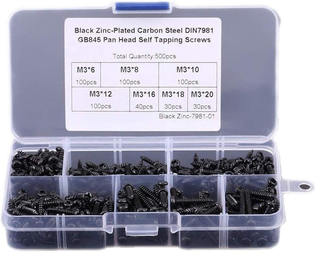 500pcs/Set M3 Black Zinc-Plated Carbon Steel Pan Head Self Tapping Screws, Assortment Drilling Screws with Storage Case