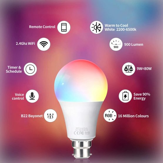 Alexa WiFi Smart Light Bulbs B22 Bayonet, Fitop 10W 1000LM (90W Equivalent) Dimmable Warm/Cool and Colour Changing Light Bulb, Works with Alexa, Google Home, Control by APP, No Hub Required 2 Pack - Image 2