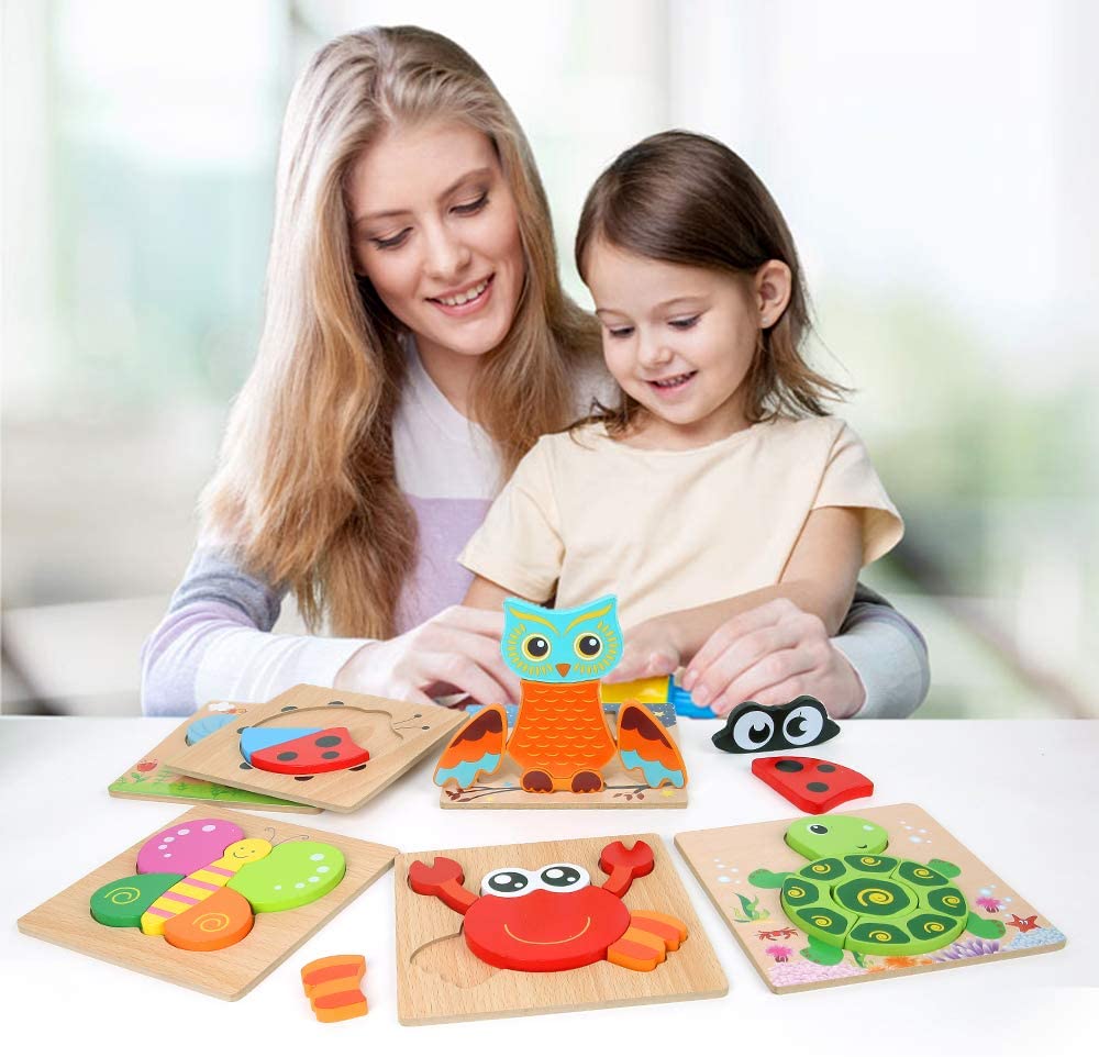 BeebeeRun Wooden Jigsaw Puzzles Toys for 2 year olds Boys Girls,6pcs