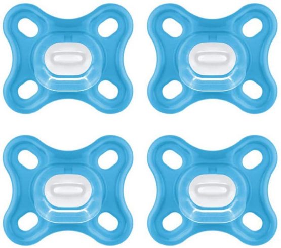 MAM Comfort Dummy Mini X-Small 0+ Months Boys Blue, Hospital-Grade Silicone, Pack of 4, incl. 2 Travel Boxes
