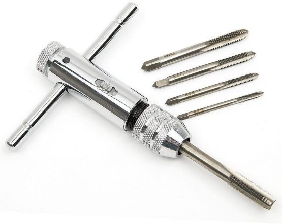 Adjustable Silver T-Handle Ratchet Tap Holder Wrench with 5pcs M3-M8 3mm-8mm Machine Screw Thread Metric Plug T-Shaped Tap - Image 4