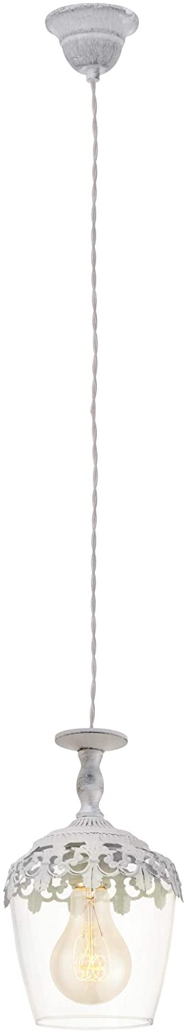 Eglo Pendant Light Sudbury, 1-Light Hanging Lamp Vintage, Retro, Pendant Lamp Made of Steel and Glass in White Patina, Clear - Image 2