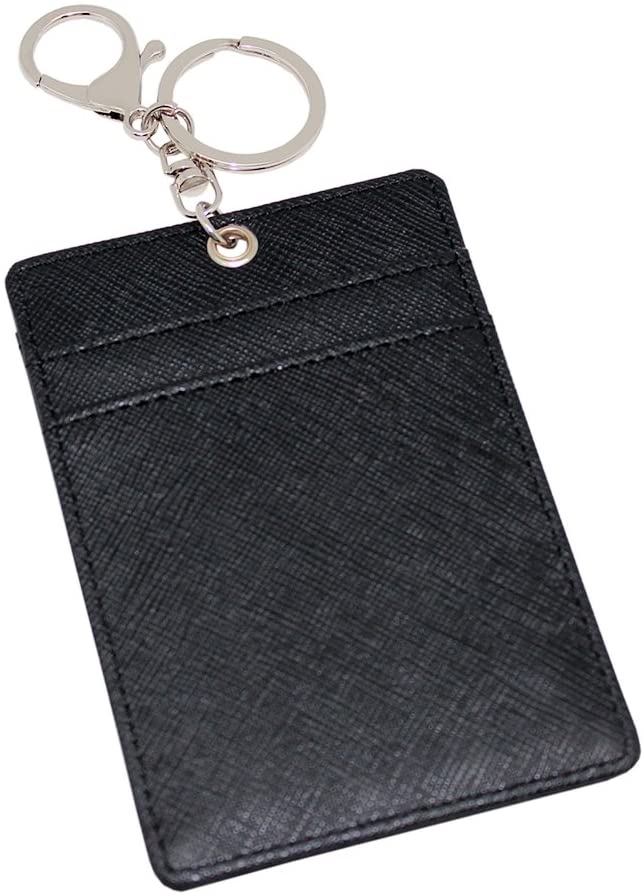 Leather ID Card Badge Holder: Boshiho Faux Leather Office Card Holder Wallet with Keyring 1 ID Clear Window Vertical Style (Black) - Image 4