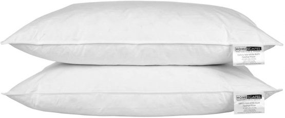 HOMESCAPES - White Duck FEATHER Pillow PAIR - Department Store Quality - Anti Dust Mite - Washable - Medium / Soft Firmness - 100% Cotton Downproof Cover - RDS Certified