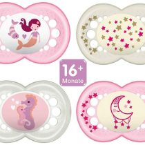 MAM Day & Night Silicone Dummy 16+, Set of 4, Including 2 Sterilised Transport Boxes