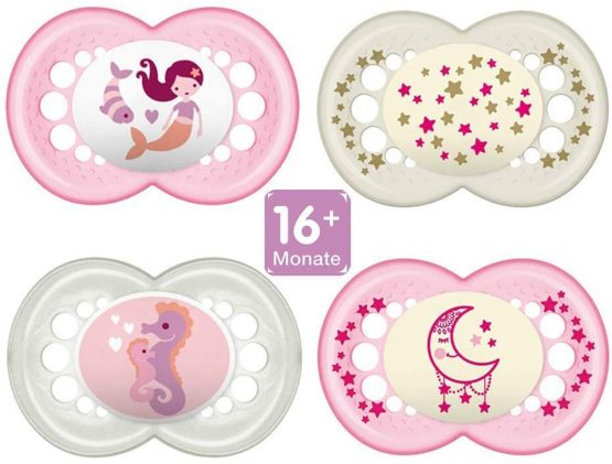 MAM Day & Night Silicone Dummy 16+, Set of 4, Including 2 Sterilised Transport Boxes