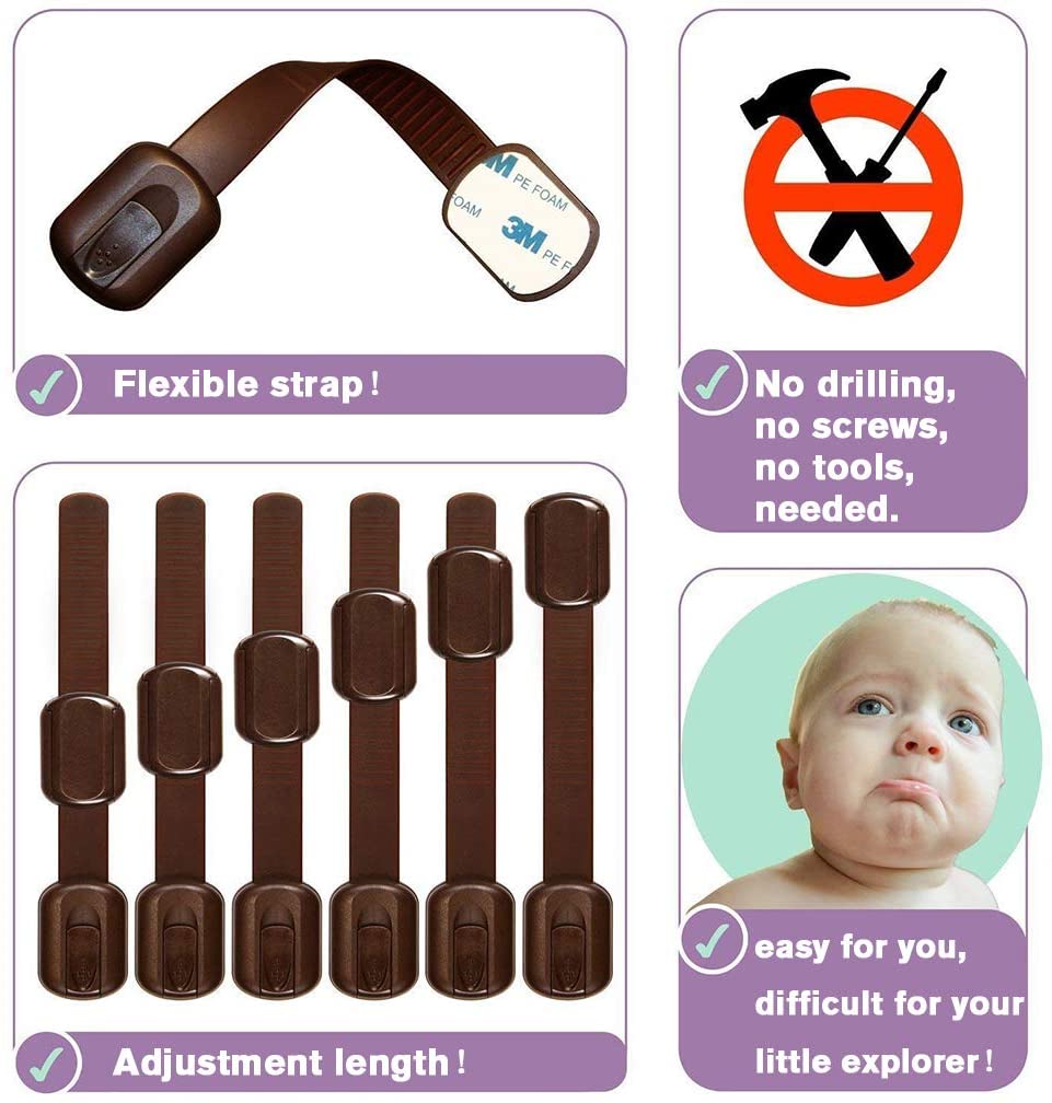 8 Pack Brown Child Safety Locks, SACONELL Baby Proof Cabinets Latches with No Trapped Fingers for Cupboard Drawers, Closet - Image 2