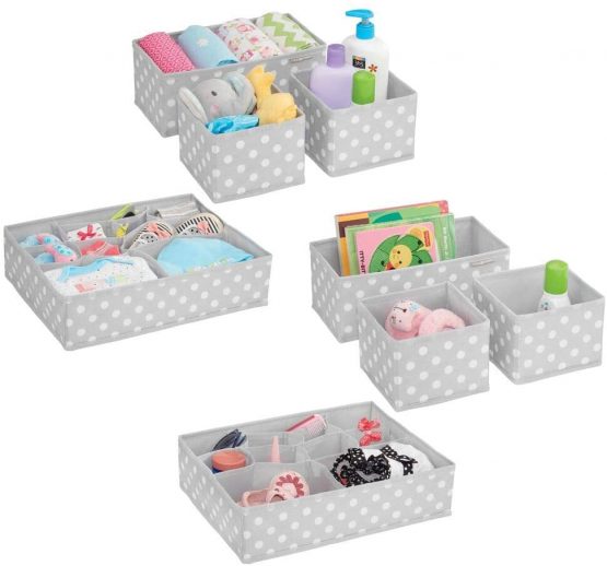 mDesign Soft Fabric Dresser Drawer and Closet Storage Organizer Set for Child/Baby Room or Nursery – 8 Organizing Bins - Polka Dot Pattern, Set of 8, Light Gray with White Dots