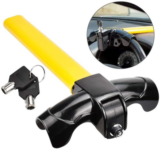 RMENOOR Steering Wheel Lock T-Bar Steering Wheel Immobiliser Heavy Duty Anti Theft Devices with 2 Keys, Universal Steering Wheel Clamp for Cars, Trailer, Vans, Caravans (Black & Yellow)