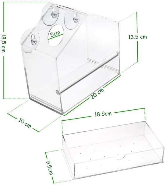 Display4top Outside Acrylic Balcony Window Bird Feeder with Drain Holes, Removable Tray, Super Strong Suction Cups,High Seed Capacity, Great Gift,Easy to Clean (20 x 18.5 x 10cm) - Image 2