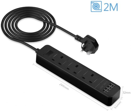 JSVER Extension Lead with 4 USB Ports Desktop Power Strip Smart Charging Station 3 Outlets Surge Protection for Home Travel, Black - Image 3