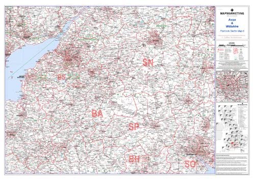 Avon And Wiltshire Postcode Sector Wall Map- Postcode Sector Map 6, Laminated Wall Map With Motorway, A' Roads, B' Roads