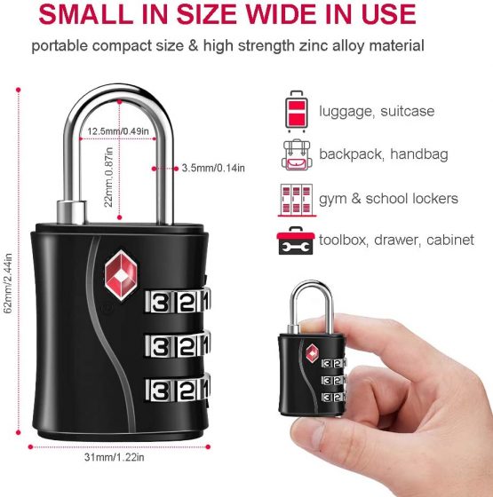 ZHEGE TSA Approved Luggage Padlocks, 3 Digit Small Combination Travel Locks for Suitcase, Backpack, Laptop Bag and Handbag, Locker Padlocks for Gym, Drawer (Black, 2 Pack) - Image 4