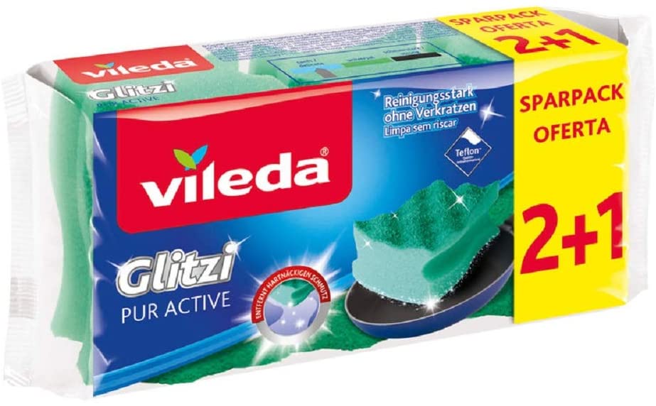 Vileda Glitzi PUR Active Pots and Dishes Cleaner, Green, 3 Count (Pack of 1)