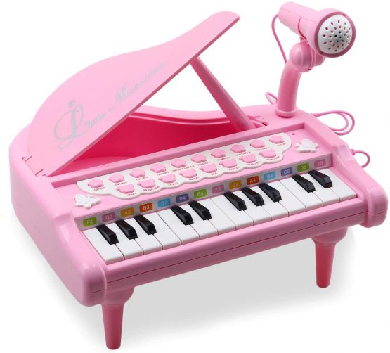 Amy&Benton Piano Keyboard Toy for Baby, 24 Keys Electronic Toy Piano for Kids with Microphone, Pink Piano Toy for Toddler Girl 1 2 3 Years Old