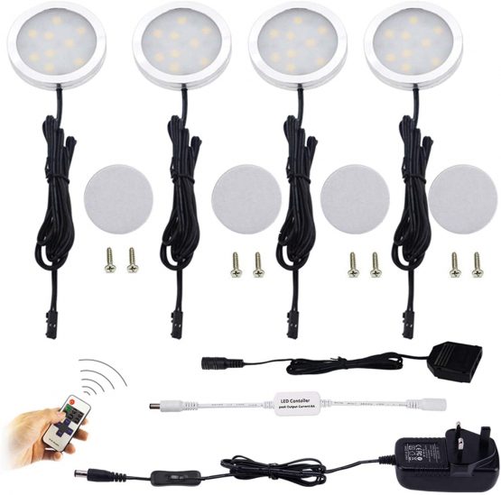 AIBOO LED Kitchen Under Cabinet Lighting Kit Dimmable with Wireless RF Remote,UK Plug,4 Pack Round Display 240V LED Puck Lights,8W Under Cupboard Counter Shelf Lights(Warm White 2700K)