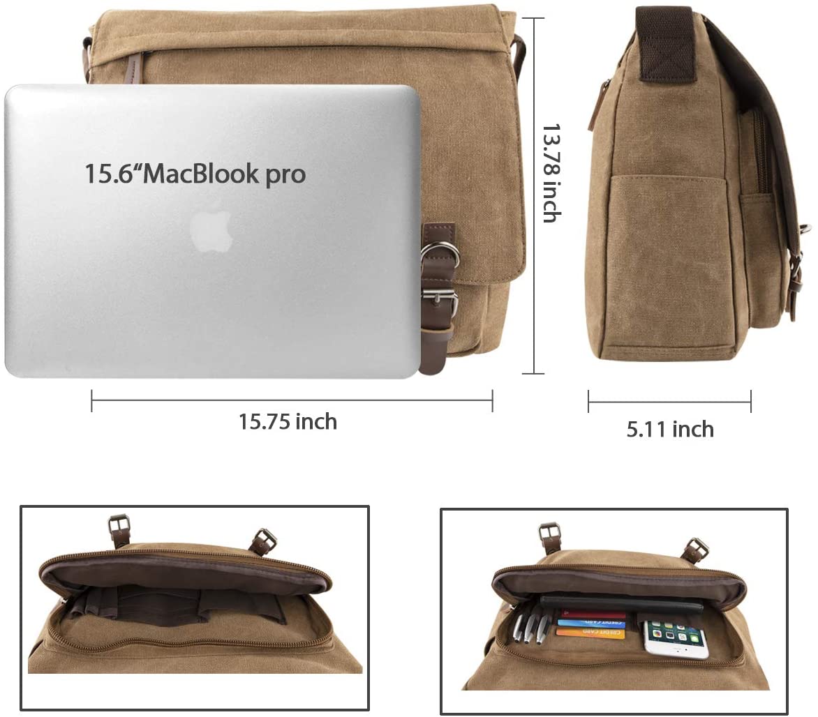 AIZBO Men's Canvas Shoulder Messenger Bag, Crossbody Day Bag 15 Inches Laptop Bag Satchel Bag for work(Brown) - Image 4
