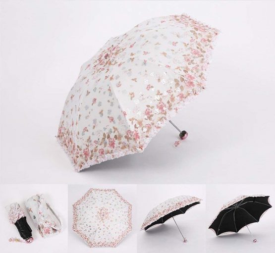 Folding Travel Sun Umbrella Lady's Parasol Sunblock UV Protection UPF 50+ Compact Size with Black Underside(Orange) - Image 4