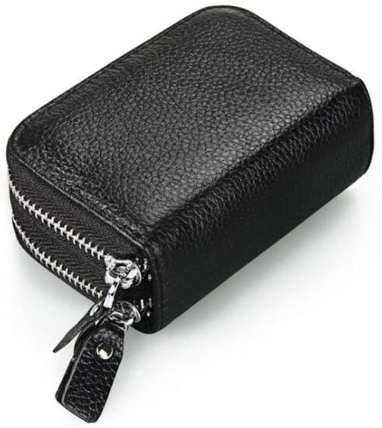 AprinCtempsD RFID Blocking Genuine Leather Wallet Women Credit Card Holder Lady Coin Purse Double Zipper Wallet (Black)