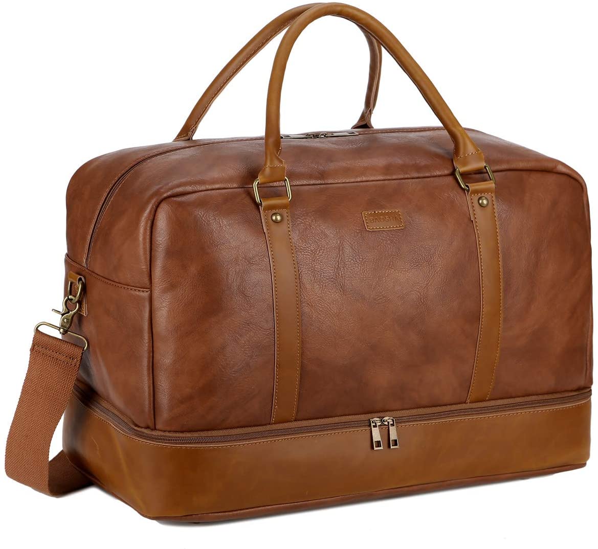BAOSHA Faux Leather Travel Holdall Carry On Weekender Bag Overnight Travel Duffel Tote Bags for Men and Women with Shoe Compartment HB-38 (Brown)