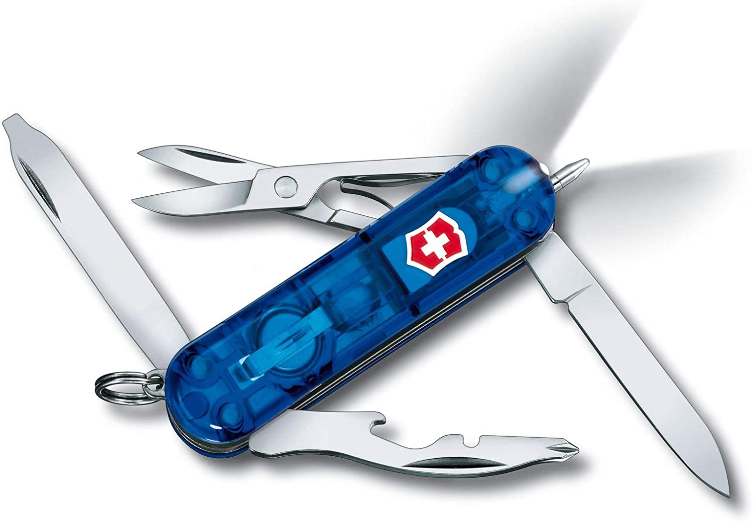 Victorinox Midnite Manager Swiss Army Knife, Small, Multi Tool, 10 Functions, LED, Scissors, Blue Transparent