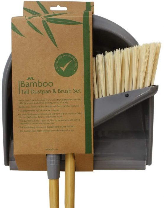 JVL Bamboo Long Handle Dustpan and Bristle Brush Set, Natural - Image 2