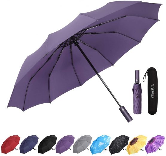 Yumsur Travel Folding Umbrella Compact Waterproof Umbrella Auto Open Close,Lightweight 12 Ribs Reinforced Windproof Umbrella for Men & Women